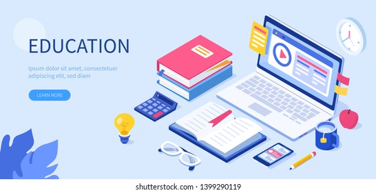 Online education concept with text place. Can use for web banner, infographics, hero images. Flat isometric vector illustration isolated on white background.