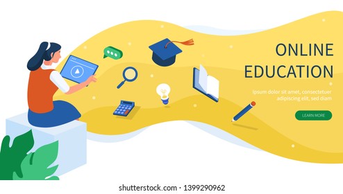 Online Education Concept With Text Place. Can Use For Web Banner, Infographics, Hero Images. Flat Isometric Vector Illustration Isolated On White Background.