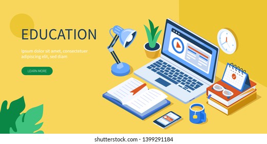 Online education concept with text place. Can use for web banner, infographics, hero images. Flat isometric vector illustration isolated on white background.