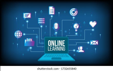 Online education concept with text place.Stay School Learn Study from home via teleconference web video conference call during coronavirus COVID-19 pandemic outbreak.E-learning infographic concept.