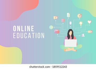 Online education concept with text place.Stay School Learn Study from home via teleconference web video conference call during coronavirus COVID-19 pandemic outbreak.E-learning infographic concept.