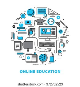 Online education concept in thin flat, linear style.