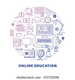 Online education concept in thin flat, linear style.