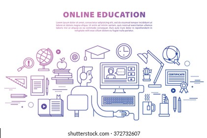 Online education concept in thin flat, linear style.