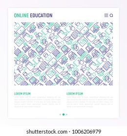 Online education concept with thin line icons: online course, webinar, e-book, video conference, home studying, wise owl in graduation cup. Modern vector illustration for school web page.