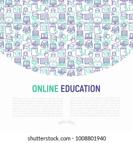 Online education concept with thin line icons: online course, webinar, e-book, video conference, home studying, wise owl in graduation cup. Modern vector illustration for school web page.