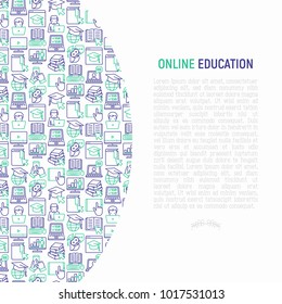 Online education concept with thin line icons: online course, webinar, e-book, video conference, home studying, wise owl in graduation cup. Modern vector illustration for school web page.
