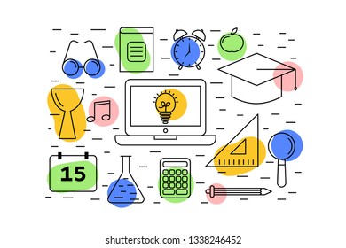 Online education concept in thin line style. Vector illustration with learning icons. Knowledge online design for any purpose.