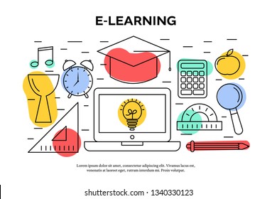 Online education concept in thin line style on white backdrop. Vector illustration with learning icons. Knowledge online design for any purpose.