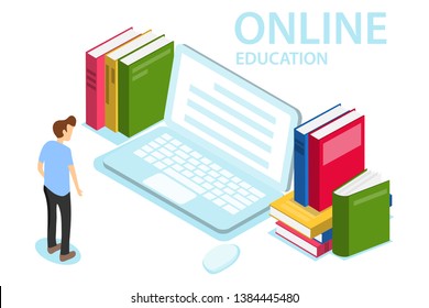 Online education. The concept of online education, training, courses. A man looks at the laptop screen.