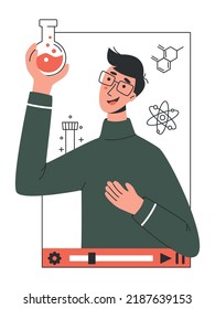 Online Education Concept. Training, Courses, Learning, Video tutorials, Chemistry Lesson. Online teacher on a computer monitor. Minimalistic Flat Vector Illustration