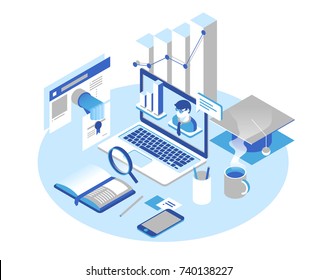 Online education concept. Online training courses, specialization, tutorials, lectures. 3d isometric design. Online education concept. Online training courses, specialization, tutorials, lectures. 3d isometric design.