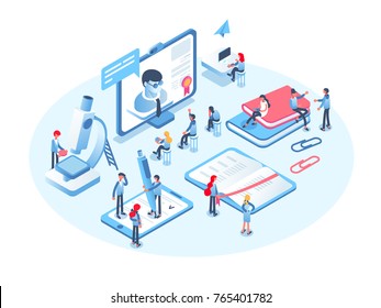 Online education concept. Online training courses, specialization, tutorials, lectures, university studies. 3d isometric people.