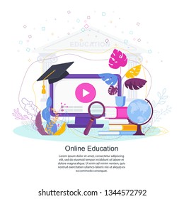 Online education concept. Training video on a computer monitor. A university cap is hanging on top, a stack of books and a globe are nearby. Flat vector illustration.