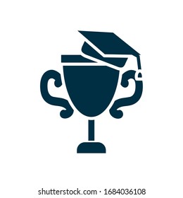 Online-Bildungskonzept, Trophäe-Tasse mit Graduierungskappe auf weißem Hintergrund, Silhouettenstil, Vektorgrafik