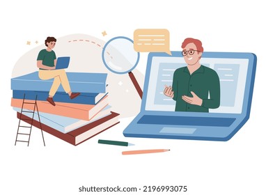 Online education concept. Tutoring. Master class. Online school. Student on the giant pile of books with a laptop. Boy and a teacher. School subjects. Online courses. Tutor. Flat vector illustration.