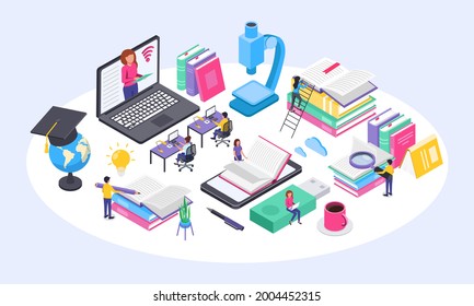 Online education concept. University students studying at home using computer. Isometric online courses, virtual learning vector illustration. Characters doing research, reading and brainstorming