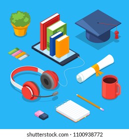 Online education concept. Vector 3d isometric icons of smartphone, books, headphones. Audio learning, training and study.