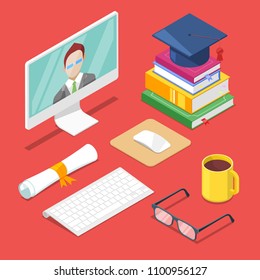 Online education concept. Vector 3d isometric icons of internet learning, training and study.