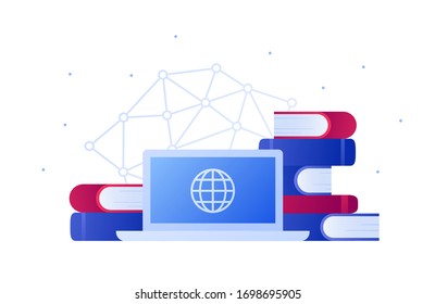 Online education concept. Vector flat illustration. Laptop computer screen with global world sign. Book and network connection symbol. Design for library, online course, conference banner, poster.