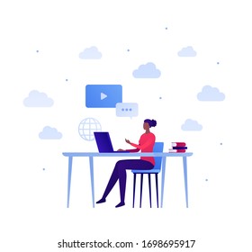 Concepto de educación en línea. Ilustración de persona plana vectorial. Estudiante sentada en el escritorio estudia computadora portátil. Diseño de seminarios web, cursos de formación en línea, banner de conferencia, afiches, infografías