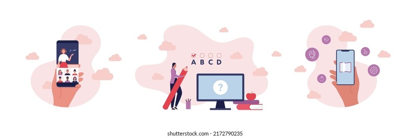 Online education concept. Vector flat design people illustration set. Library and webinar class on smartphone screen. Female student with pencil. Exam, book, apple symbol.