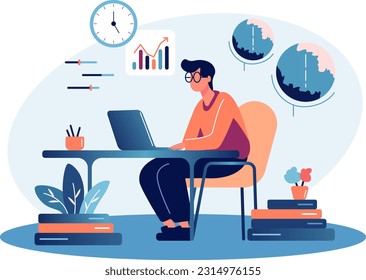 Online education concept. Vector flat illustration. Illustration in flat style with people studying remotely. Students learning online. Vector illustration EPS 10