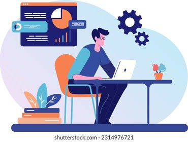 Online education concept. Vector flat illustration. Illustration in flat style with people studying remotely. Students learning online. Vector illustration EPS 10