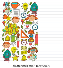 Online education concept. Vector icons and elements for little children, college, internet courses. Doodle style, kids drawing.