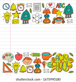 Online education concept. Vector icons and elements for little children, college, internet courses. Doodle style, kids drawing.