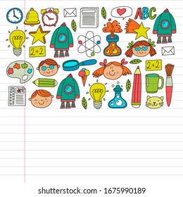  Concepto de educación en línea. Iconos vectoriales y elementos para niños pequeños, universidad, cursos de internet. Estilo doodle, niños dibujando.
