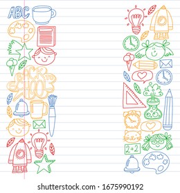 Online education concept. Vector icons and elements for little children, college, internet courses. Doodle style, kids drawing.