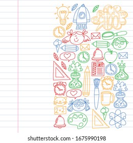 Online education concept. Vector icons and elements for little children, college, internet courses. Doodle style, kids drawing.