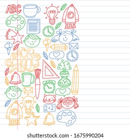  Online-Bildungskonzept. Vektorsymbole und Elemente für kleine Kinder, College, Internet-Kurse. Doodle-Stil, Kinderzeichnung.