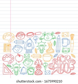 Online education concept. Vector icons and elements for little children, college, internet courses. Doodle style, kids drawing.