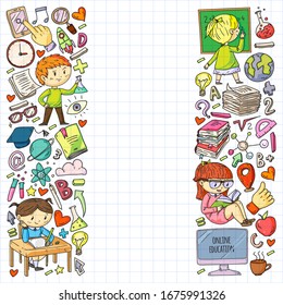 Online education concept. Vector icons and elements for little children, college, internet courses. Doodle style, kids drawing.