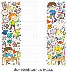 Online education concept. Vector icons and elements for little children, college, internet courses. Doodle style, kids drawing.