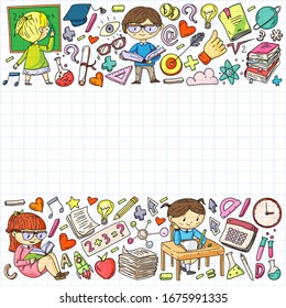 Online education concept. Vector icons and elements for little children, college, internet courses. Doodle style, kids drawing.