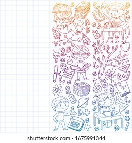 Online education concept. Vector icons and elements for little children, college, internet courses. Doodle style, kids drawing.