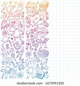Online education concept. Vector icons and elements for little children, college, internet courses. Doodle style, kids drawing.