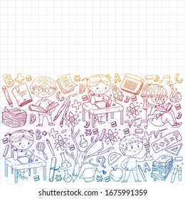 Online education concept. Vector icons and elements for little children, college, internet courses. Doodle style, kids drawing.