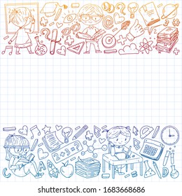 Online education concept. Vector icons and elements for little children, college, internet courses. Doodle style, kids drawing.
