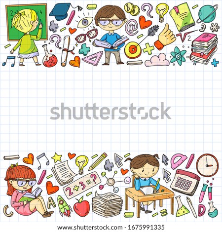Online education concept. Vector icons and elements for little children, college, internet courses. Doodle style, kids drawing.