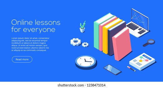 Online education concept vector illustration in isometric design. Internet distance training and courses on learning or educational platform. Website template.