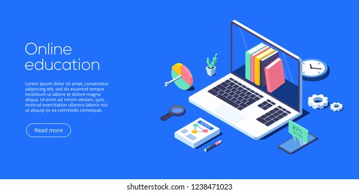 Online education concept vector illustration in isometric design. Internet distance training and courses on learning or educational platform. Website template.