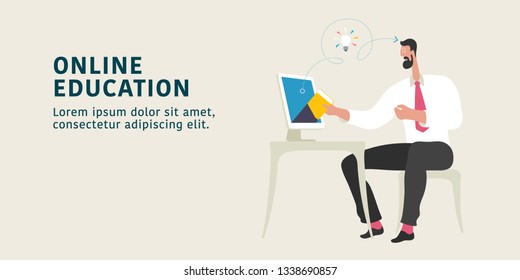 Online education concept vector illustration. Young man in front of computer, taking web training. Template background for digital education technology. Modern flat graphic style 