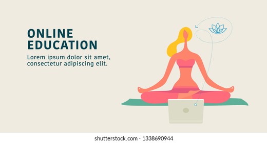 Online education concept vector illustration. Young female learning yoga through internet webinar in the laptop. Template background for digital education technology. Modern flat graphic style 