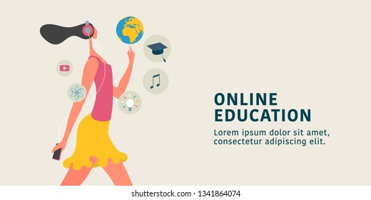 Online education concept vector illustration. Young female learning through internet training, course on the go. Template background for digital education technology. Modern flat graphic style 