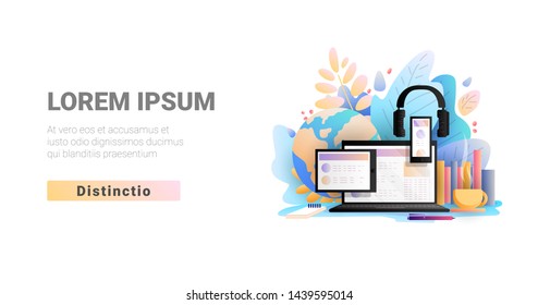 Online education concept, vector illustration. Study, learning online with laptop, tablet, smartphone and headphones from home. Cozy online learing and education with cup of tea and learning books
