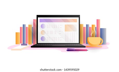 Online education concept, vector illustration. Study, learning online with laptop, tablet, smartphone and headphones from home. Cozy online learing and education with cup of tea and learning books